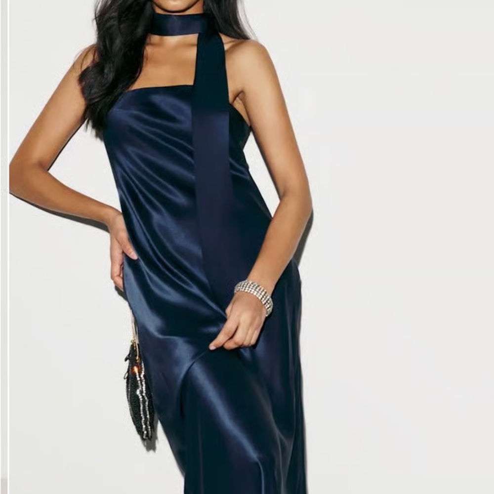 Reformation Navy Satin Halter Midi with Long Neck Scarf